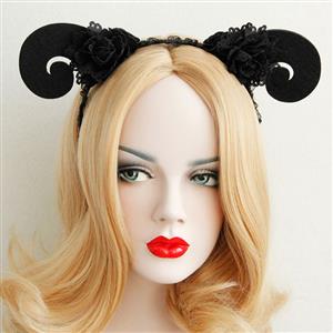 Hand-made Black Sheep Horns Rose Carnival Hair Hoop J12826