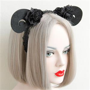 Hand-made Black Sheep Horns Rose Carnival Hair Hoop J12826