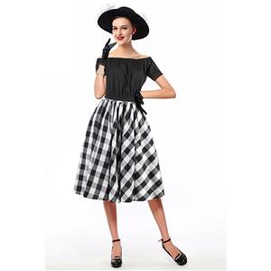 Women's T-shirt and Skirt Set, Vintage T-shirt Skirt Set, Short Sleeve T-shirt and Plaid Skirt Set, #N12967