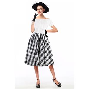 Sexy White Short Sleeve Off Shoulder Crop Top and Plaid Skirt Set N12970