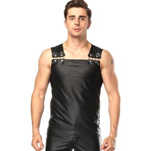 Mens Black Sleeveless Faux Leather Undershirt Vest N15663