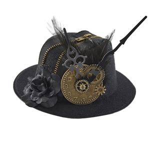 Masquerade Party Costume Hat, Steampunk Halloween Cosplay Costume Hat, Retro Fascinator Fancy Ball Top Hat, Vintage Steampunk Dial Pointer and Feather Costume Hat, Fashion Party Costume Hat Accessory, Fancy Victorian Gothic Fascinator,#J22874