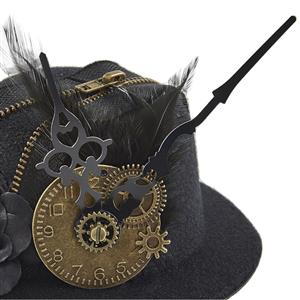 Black Steampunk Vintage Dial Pointer and Feather Halloween Costume Top Hat J22874