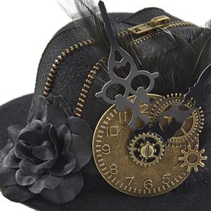 Black Steampunk Vintage Dial Pointer and Feather Halloween Costume Top Hat J22874