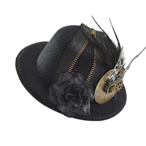 Black Steampunk Vintage Dial Pointer and Feather Halloween Costume Top Hat J22874