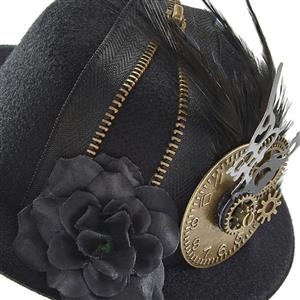 Black Steampunk Vintage Dial Pointer and Feather Halloween Costume Top Hat J22874