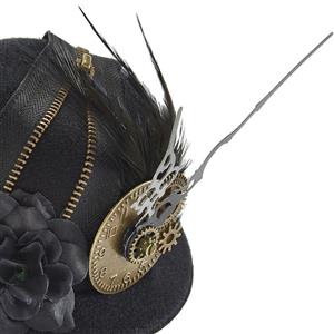 Black Steampunk Vintage Dial Pointer and Feather Halloween Costume Top Hat J22874