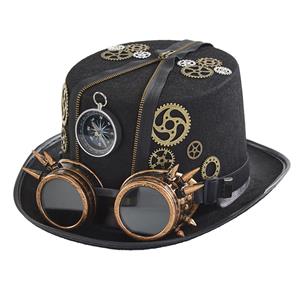 Black Steampunk Compass and Gear Goggles Masquerade Halloween Costume Top Hat J22860