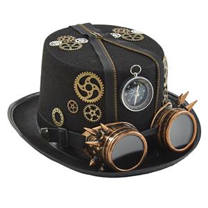 Black Steampunk Compass and Gear Goggles Masquerade Halloween Costume Top Hat J22860