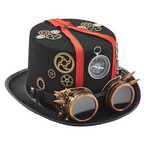 Red Steampunk Compass and Gear Goggles Masquerade Halloween Costume Top Hat J22861