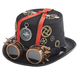 Red Steampunk Compass and Gear Goggles Masquerade Halloween Costume Top Hat J22861