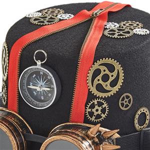 Red Steampunk Compass and Gear Goggles Masquerade Halloween Costume Top Hat J22861