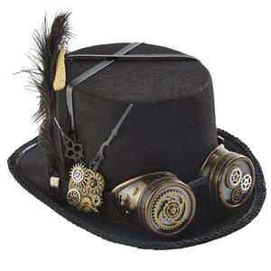 Black Steampunk Feather and Gear Goggles Masquerade Halloween Costume Top Hat J22789