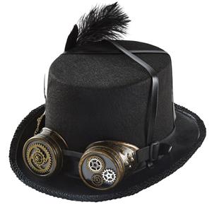 Black Steampunk Feather and Gear Goggles Masquerade Halloween Costume Top Hat J22789