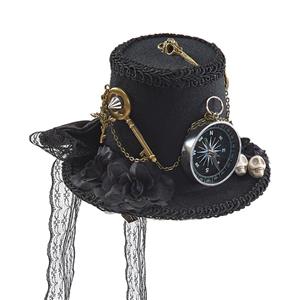 Black Steampunk Skull Head Compass and Key Halloween Costume Top Hat J22867