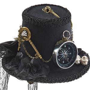 Black Steampunk Skull Head Compass and Key Halloween Costume Top Hat J22867