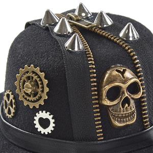 Steampunk Black Zipper Rivet Skull Head Halloween Costume Top Hat J22871