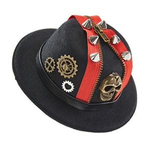 Steampunk Red Zipper Rivet Skull Head Halloween Costume Top Hat J22872