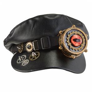 Black PU Steampunk Red Eye Goggles Masquerade Halloween Costume Peaked Cap J22804