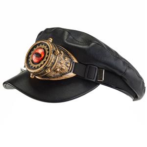 Black PU Steampunk Red Eye Goggles Masquerade Halloween Costume Peaked Cap J22804