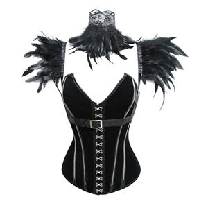 Victorian Gothic Black Low-cut Steel Boned Overbust Corset with Feather Collar Scarf N19599
