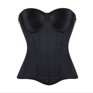 black corset, strapless bustier, front lace-up corset, waist trainer, boning corset, side zipper shapewear, satin ribbon corset, waist cincher, figure shaping, evening wear corset, vintage inspired corset, body shaper, adjustable corset, bridal shapewear, seamless shapewear #N23844