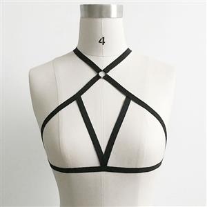 Women's Black Strappy Bandeau Bra Top Harness Cage Strap Bustier with Ring Detail N23982