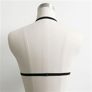 Women's Black Strappy Bandeau Bra Top Harness Cage Strap Bustier with Ring Detail N23982