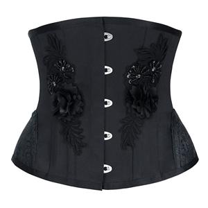 Retro Black Embroidery Bead Flower Busk Closure Waist Shaping Underbust Corset N20232