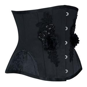 Retro Black Embroidery Bead Flower Busk Closure Waist Shaping Underbust Corset N20232