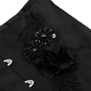 Retro Black Embroidery Bead Flower Busk Closure Waist Shaping Underbust Corset N20232