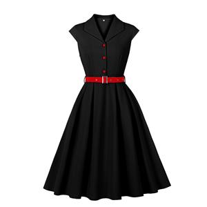Black Vintage A-Line Dress with Red Belt and Contrasting Buttons - Sleeveless Shift Dress for Women N23822