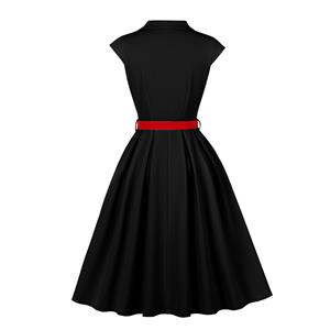 Black Vintage A-Line Dress with Red Belt and Contrasting Buttons - Sleeveless Shift Dress for Women N23822