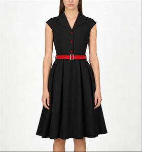 Black Vintage A-Line Dress with Red Belt and Contrasting Buttons - Sleeveless Shift Dress for Women N23822