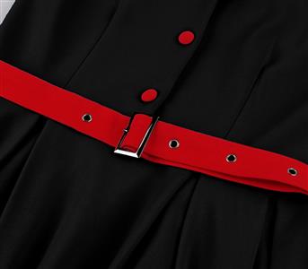 Black Vintage A-Line Dress with Red Belt and Contrasting Buttons - Sleeveless Shift Dress for Women N23822