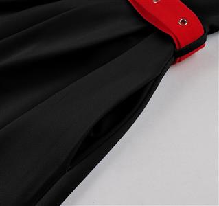 Black Vintage A-Line Dress with Red Belt and Contrasting Buttons - Sleeveless Shift Dress for Women N23822