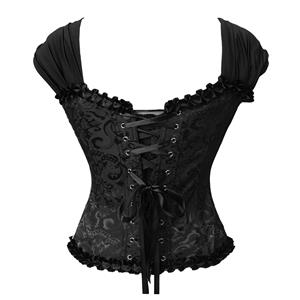 Black Vintage Corset Top with Ruffle Sleeves - Adjustable Lace-Up Square Neck Bustier N237863