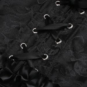 Black Vintage Corset Top with Ruffle Sleeves - Adjustable Lace-Up Square Neck Bustier N237863