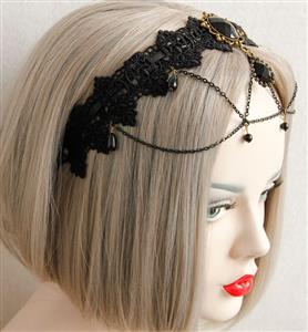 Black Vintage Lace Dark Gems Metal Chain Hair Clasp J12857