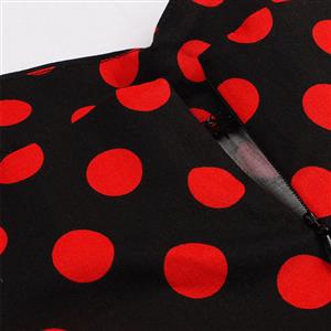 Vintage Red Wave Point Printing Black Hanging Neck Backless Cocktail Party Midi Dress N23005