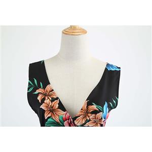 Black Women's Vintage V Neck Sleeveless Floral Printed Swing Summer Day Dress N18577