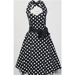 1950's Vintage Halter Polka Dot Casual Swing Dress N11923