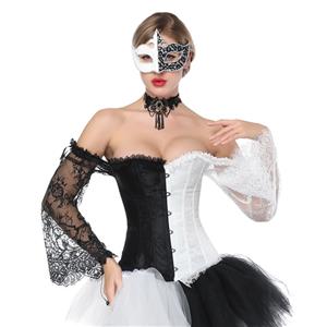 Women's Fashion Black/White Plastic Boned Overbust Corset with Long Floral Lace Sleeve N16211