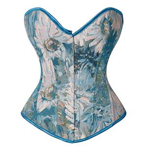 Fashion Blue Chrysanthemum Print Plastic Boned Body Shaper Overbust Corset N22297