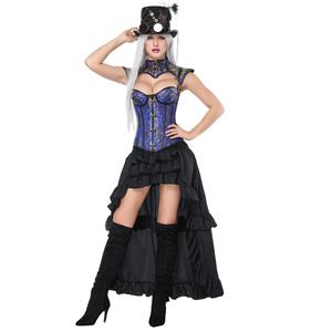 Women's Blue Decorative Shrug Jacquard Overbust Corset High-low Skirt Set N17682