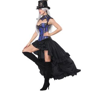 Women's Blue Decorative Shrug Jacquard Overbust Corset High-low Skirt Set N17682