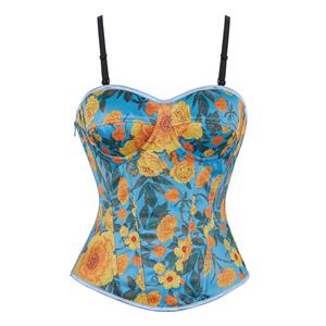 Blue floral corset, Adjustable back lace-up, Bustier top, Thin strap corset, Sweetheart neckline, Waist cincher, Figure shaping, Retro floral top, Women's shapewear, Vintage-inspired bustier, Summer corset, Party top, Feminine lingerie, Body shaper, Strappy bustier #N23861