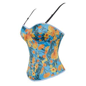 Blue Floral Print Corset Top, Adjustable Back Lace-Up Bustier with Thin Straps for Women N23861