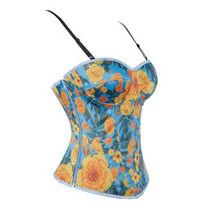 Blue Floral Print Corset Top, Adjustable Back Lace-Up Bustier with Thin Straps for Women N23861