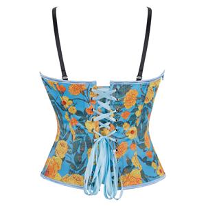 Blue Floral Print Corset Top, Adjustable Back Lace-Up Bustier with Thin Straps for Women N23861